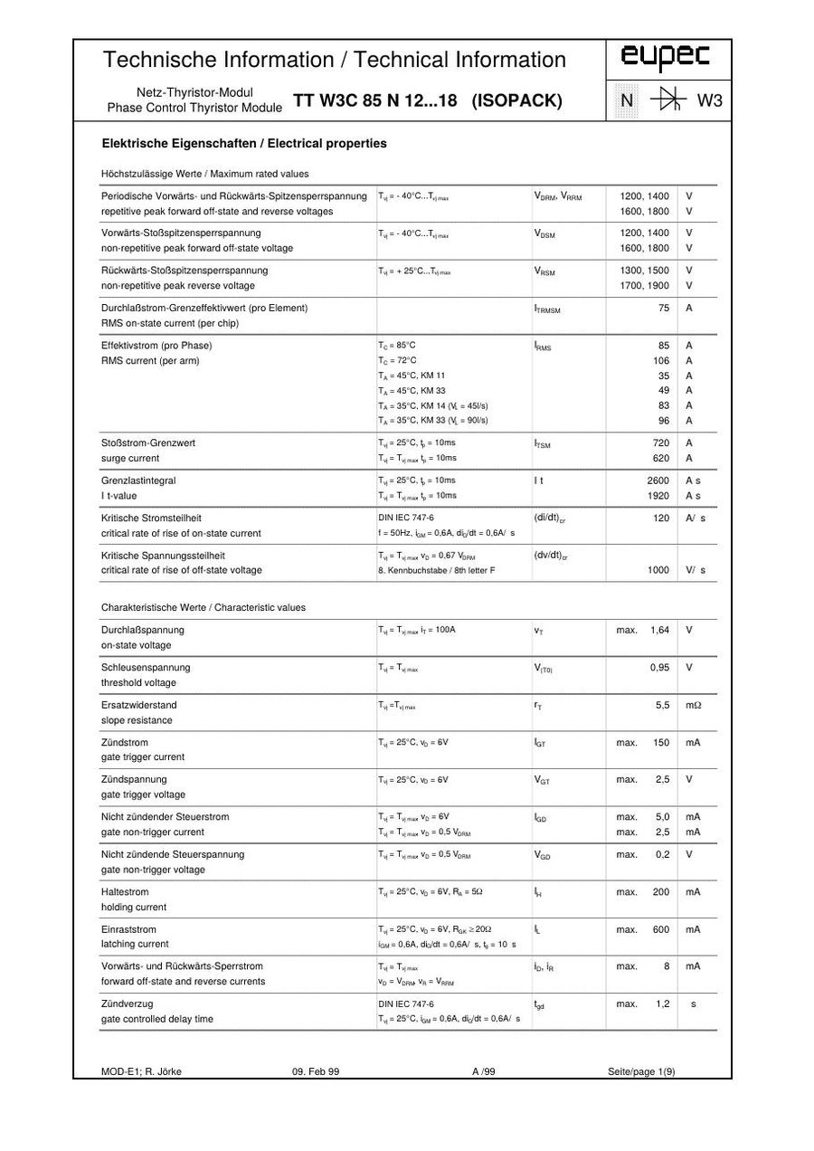TTW3C85N18 Infineon (Eupec) Thyristor & SCR Modules