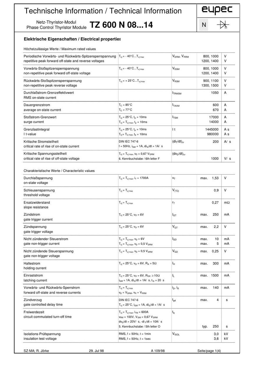TZ600N12 Infineon (Eupec) Thyristor & SCR Modules