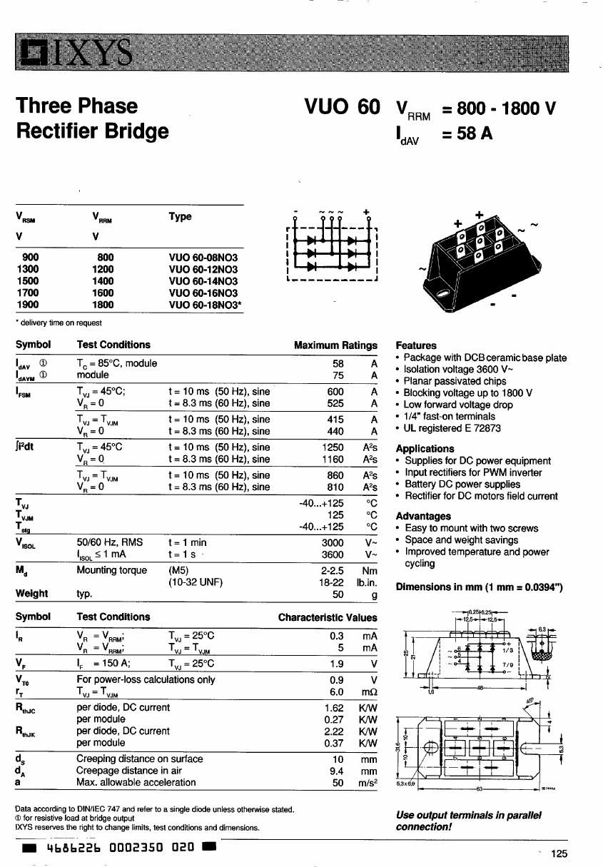 VUO60-18NO3 IXYS Bridge Rectifiers