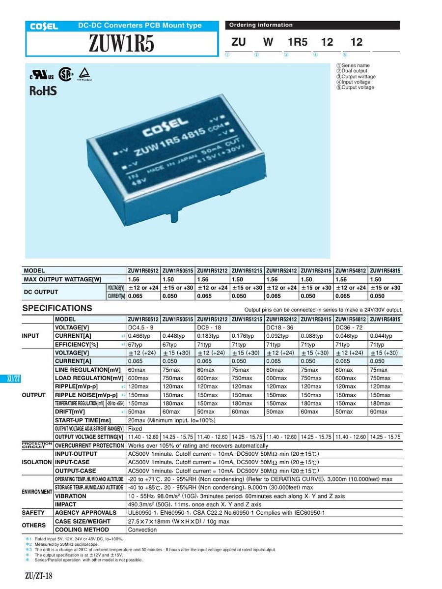 ZUW1R50512 Cosel Power Supplies & DC-DC Converters