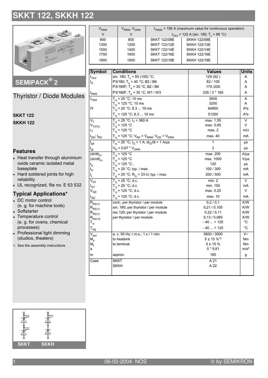 skkt 122-16e Semikron Thyristor & SCR Modules